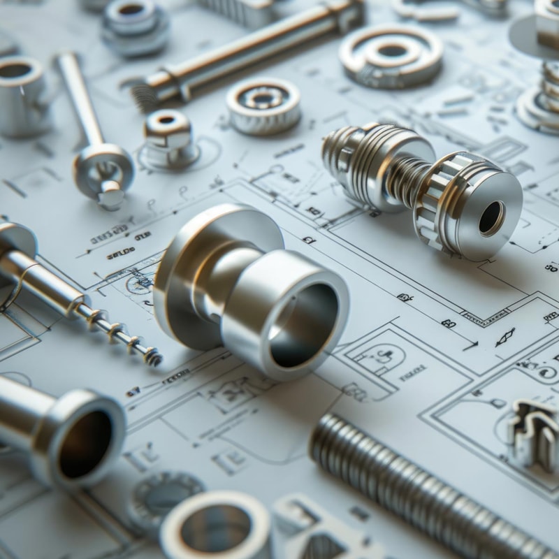 Mechanical parts laying over a technical drawing